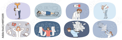 Set of exhausted office workers feel distressed overwhelmed with tasks and duties. Collection of unhappy unwell employees tired with workload. Overwork and fatigue. Vector illustration. 