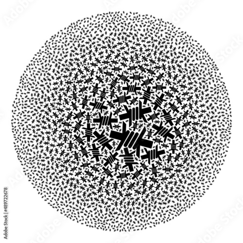 Barbed wire symbols are scattered into spheric group. Barbed wire icon bubble mosaic. Abstract round bubble mosaic done with barbed wire symbols.