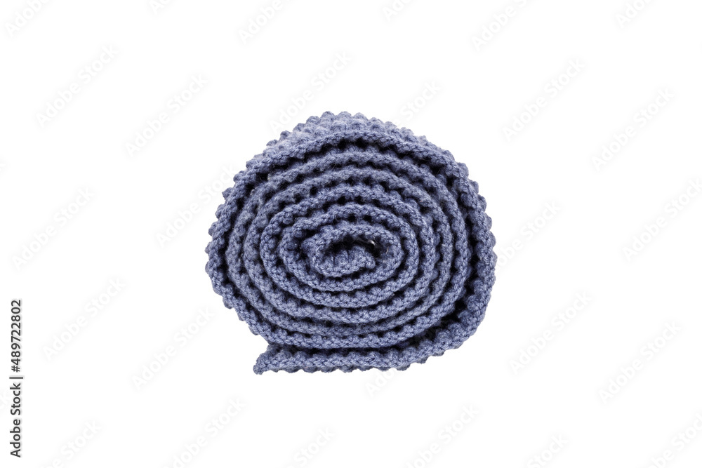 blue knitted wool scarf folded in a roll isolated on white background blue knitted wool scarf folded in a roll isolated on white background