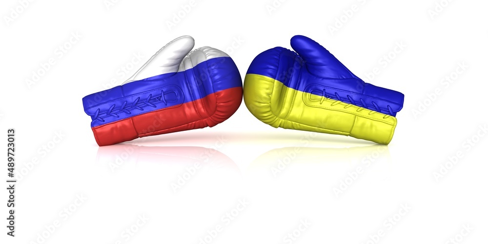 Fototapeta premium Russia war ukraine battle flags on boxing gloves conflict confrontation sign graphic combat symbol graphic illustration 3d rendering isolated on white background