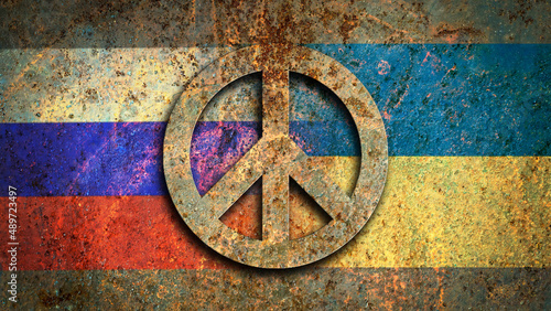 Peace symbol 3D on old wall with Russian and Ukrainian flags. No war concept.