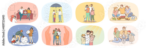 Collection of happy loving young family with children enjoy days relax and play together. Set of caring parents with kids spend time on leisure weekend. Relative unity. Victor illustration. 