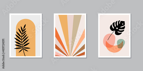 Bohemian poster collection. Abstract sunrise and botanical print. Wall art design. Vector stock illustration