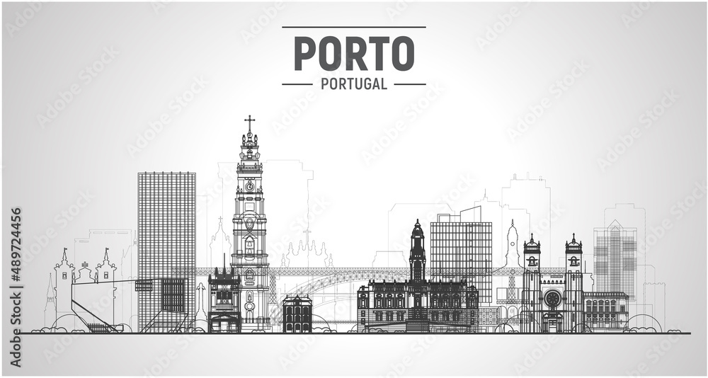 Porto Portugal skyline with panorama in white background. Vector Illustration. Business travel and tourism concept with modern and old buildings. Vector for presentation, banner, website.