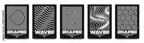 Collection of modern geometric and waves posters. In rave style, stylish print for streetwear, print for t-shirts and sweatshirts, isolated on black background