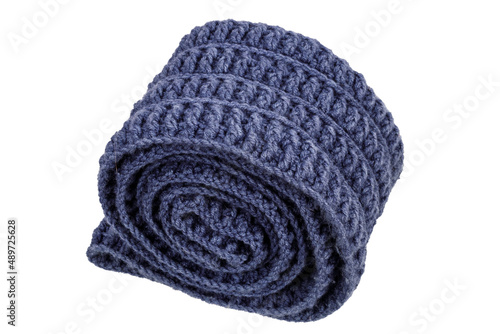 intricate blue knitted wool scarf isolated on white background