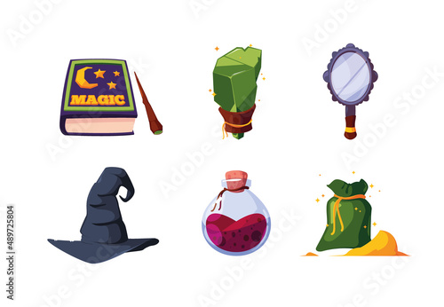 Magic items. Glow wizard bottles and artifacts fantasy jewelry for magic spells fortune globe and crystal gems garish vector colorful set