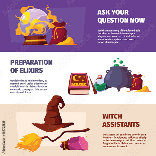 Magician banners. Bottles artifacts jewelry gems for wizard spells garish vector template for print design project with place for personal text