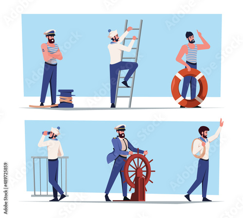 Sailors. Flat marine characters young captains and sailors in work professional costumes garish vector characters in cartoon style
