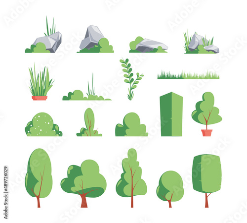 Green bushes. Decorative plants outdoor green grass different geometrical forms garish vector bushes flat collection