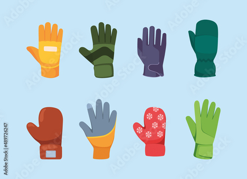 Gloves collection. Cold winter seasonal clothes for hands knitted and leather fashioned gloves garish vector illustrations in cartoon style