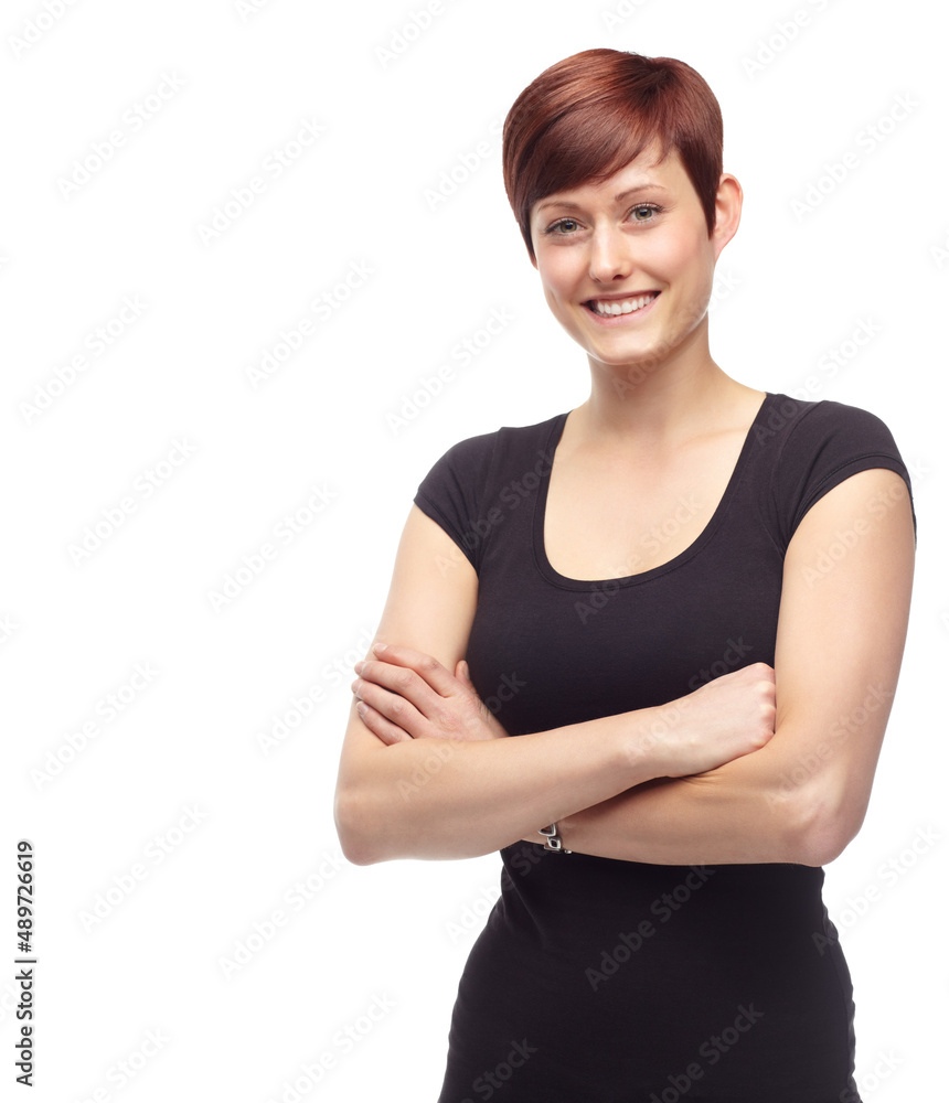 Confidence is a beautiful feature in a woman. Studio shot of an attractive young woman isolated on white. Confidence is a beautiful feature in a woman. Studio shot of an attractive young woman isolated on white.