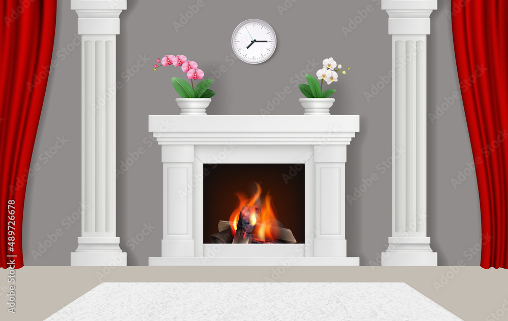 Interior with fireplaces. Modern home place with decorative fireplaces decent vector realistic background template Interior with fireplaces. Modern home place with decorative fireplaces decent vector realistic background template