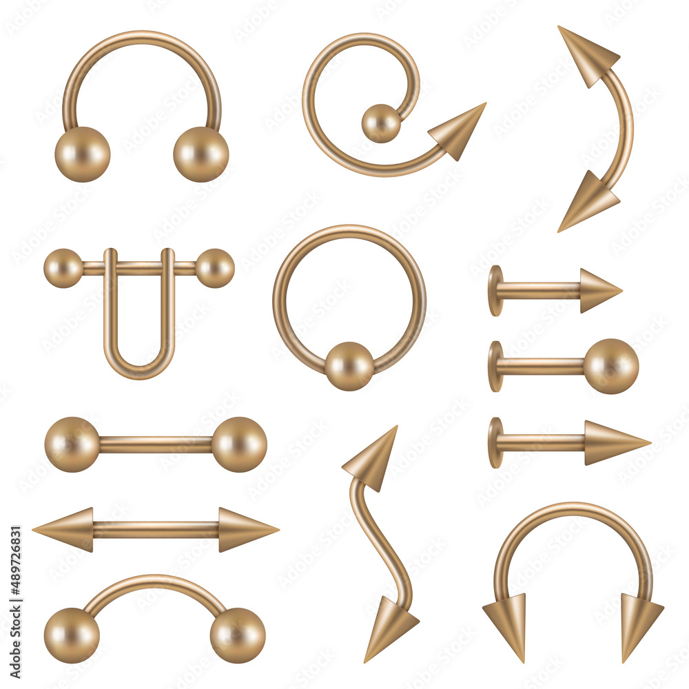 Piercing elements. Tattoo salon jewelry for face decoration nose lips ear metallic objects geometric shapes and arrows decent vector realistic 3d set
