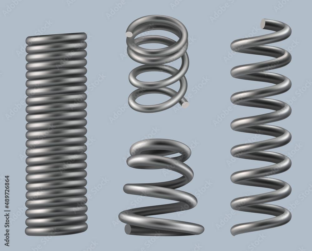 Spring coils. Steel geometrical 3d objects machine details metallic stretch and flexible material for heavy industry decent vector realistic spring coil - obrazy, fototapety, plakaty 