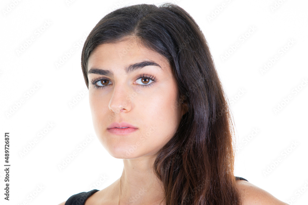 cute beauty woman with nude makeup face and healthy shine skin portrait looking serious cute beauty woman with nude makeup face and healthy shine skin portrait looking serious