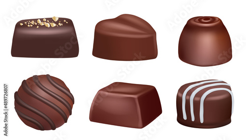 Realistic dessert. Chocolate sweets with cacao and jam delicious dark candies decent vector colored set isolated