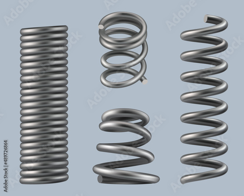 Spring coils. Steel geometrical 3d objects machine details metallic stretch and flexible material for heavy industry decent vector realistic spring coil