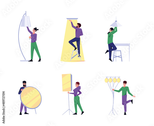 Electrician workers. Lighting installation characters decorated home interior with various bulbs electricity swithboard garish vector lamp in room