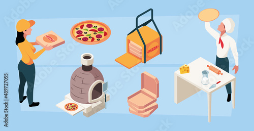 Pizza production. Delivery and cooking tasty food with vegetables and cheese restaurant products garish vector isometric illustrations