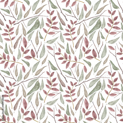 Cute floral pattern with realistic delicate pastel green and pink leaves. Plant background for fabric, paper.