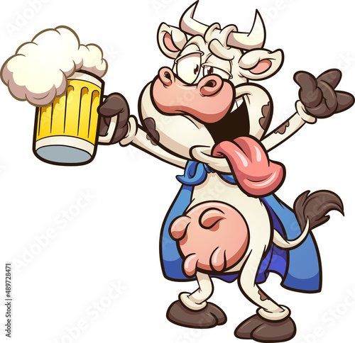 Cartoon drunk super cow holding a beer. Vector clip art illustration with simple gradients. All on a single layer.
