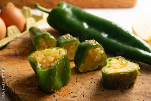 Green pepper stuffed with potato omelette. Spanish traditional tapas.