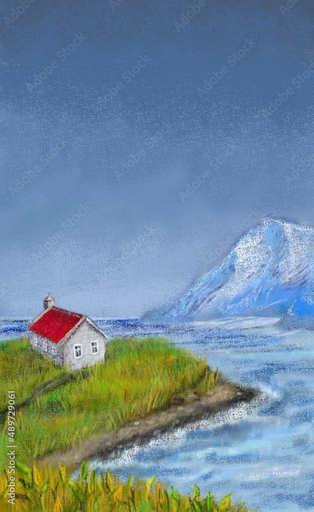 Color illustration of a house on the seashore. A small house with a red roof is painted against a gloomy sky, mountains and a rolling sea. Idea for colored books and cards