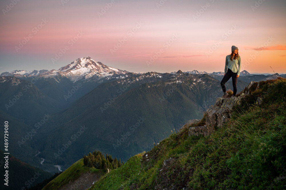 Female posing in the Glacier Peak Wilderness at Sunset Female posing in the Glacier Peak Wilderness at Sunset