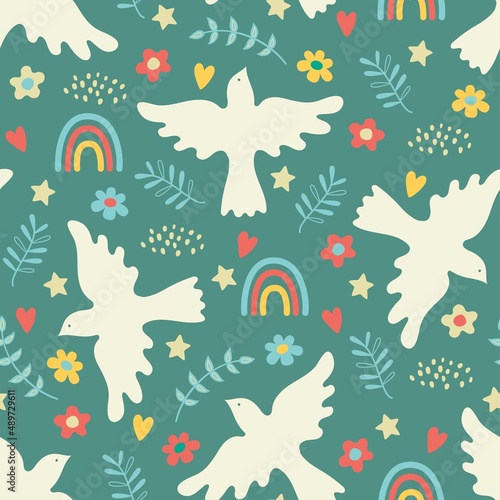 Seamless pattern with dove of peace  blossom  rainbow and hearts. Boho style. Vector illustration.