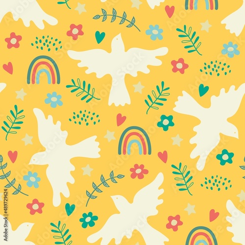 Seamless pattern with dove of peace, blossom, rainbow and hearts. Boho style. Vector illustration.