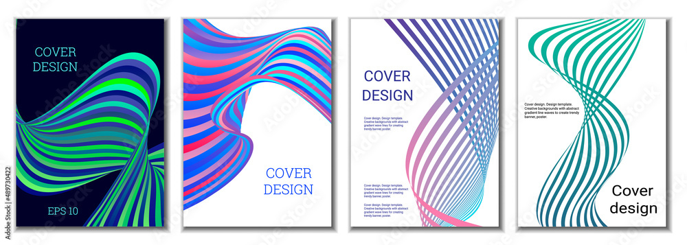 A set of 4 abstract covers. Wavy parallel gradient lines, ribbons evolve. Cover design, background. Trendy banner, poster. A set of 4 abstract covers. Wavy parallel gradient lines, ribbons evolve. Cover design, background. Trendy banner, poster.