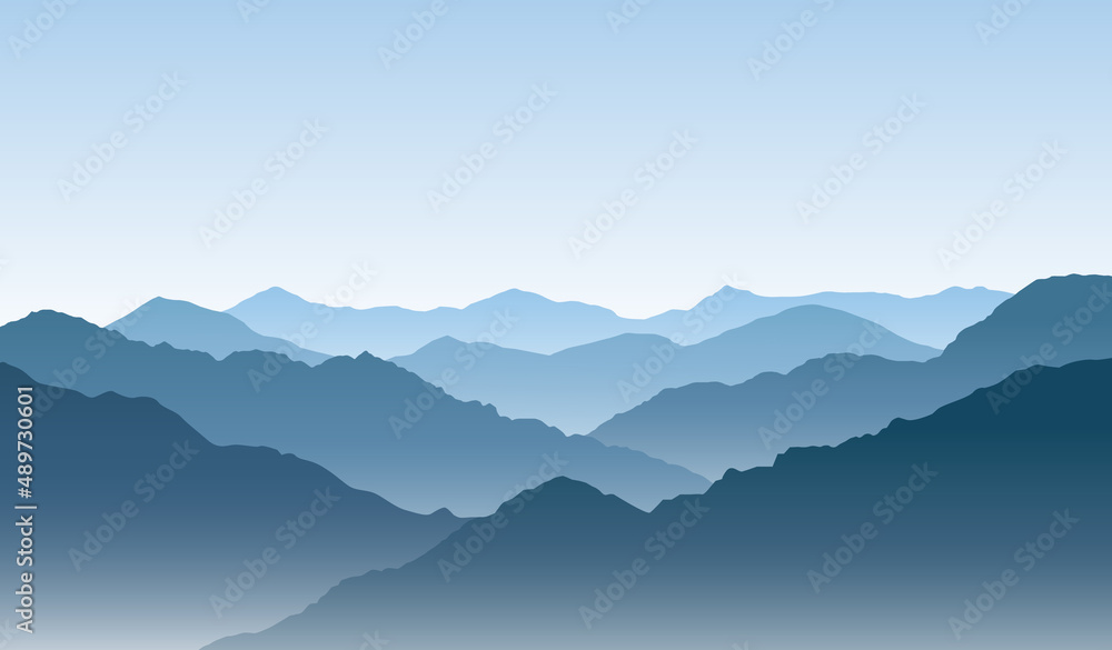 Vector blue mountain landscape with silhouettes of hills and peaks