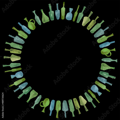 Decorative round vector border from set watercolor drawings of silhouettes various wine bottles