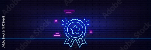 Neon light glow effect. Loyalty award line icon. Bonus points. Discount program symbol. 3d line neon glow icon. Brick wall banner. Loyalty award outline. Vector