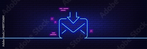 Neon light glow effect. Mail download line icon. Incoming Messages correspondence sign. E-mail symbol. 3d line neon glow icon. Brick wall banner. Incoming Mail outline. Vector