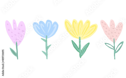 Set of iridescent vector Flowers. Cute cartoon flat design. Colorful Tulips hand drawn in children's style. © NMjrw