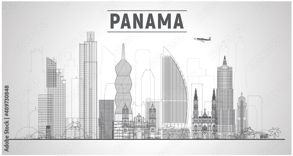 Panama City ( Panama ) line skyline with panorama in white background. Vector Illustration. Business travel and tourism concept with modern buildings. Image for presentation, banner, website.