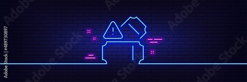 Neon light glow effect. Tickets line icon. Transport entrance sign. Paid admission ticket symbol. 3d line neon glow icon. Brick wall banner. Tickets outline. Vector