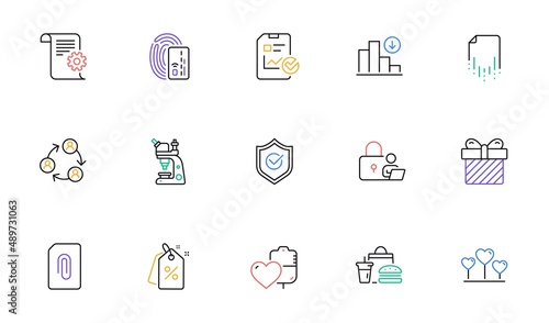Surprise, Approved shield and Discount tags line icons for website, printing. Collection of Fast food, Microscope, Technical documentation icons. Report checklist, Lock, Card web elements. Vector