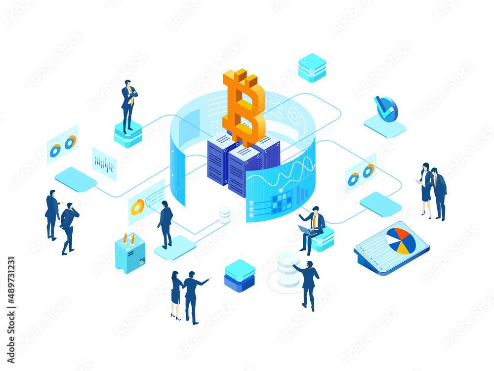 Business people mining crypto currency. Cryptocurrency concept miners and coins, mining equipment, creating block chain. Digital money, new finance era Business people mining crypto currency. Cryptocurrency concept miners and coins, mining equipment, creating block chain. Digital money, new finance era