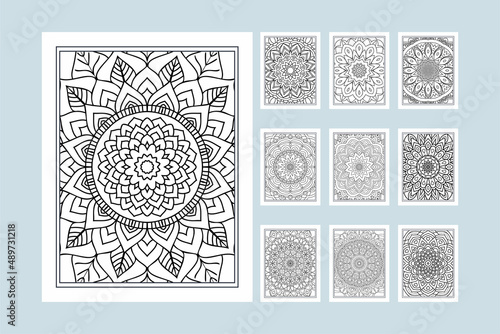 Flower mandala pattern bundle for coloring pages KDP interior. KDP interior coloring page for kids. Traditional Indian style mandala ornament set. Mandala decoration ornament bundle line art vector.