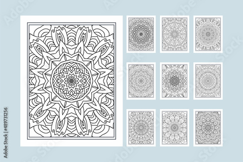 Flower mandala pattern bundle for coloring pages KDP interior. Mandala decoration ornament bundle line art vector. KDP interior coloring page for kids. Traditional Indian style mandala ornament set.
