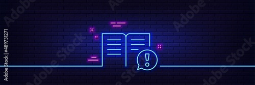 Neon light glow effect. Interesting facts line icon. Exclamation mark sign. Book symbol. 3d line neon glow icon. Brick wall banner. Facts outline. Vector