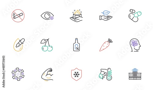 Carrot, Strong arm and Eye drops line icons for website, printing. Collection of Sick man, Capsule pill, Farsightedness icons. Alcohol free, Stress, Cherry web elements. Skin care. Vector