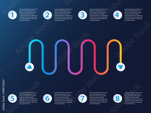 Roadmap infographic as configurable presentation template in dark design. Winding road with milestones.