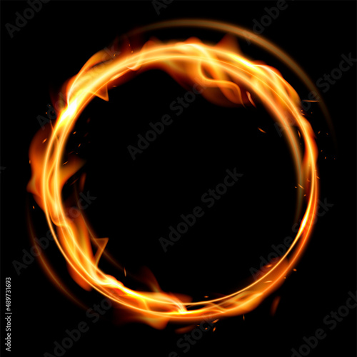Rotating fire сircles. Round flaming frame. Isolated dynamic burning effect