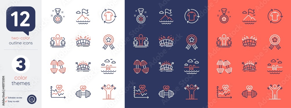 Set of Winner reward, Cardio training and Winner ribbon line icons ...