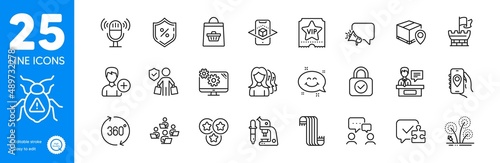 Outline icons set. Stars, Settings and Augmented reality icons. Buyer insurance, Security lock, Software bug web elements. People chatting, Location app, Women headhunting signs. Vector