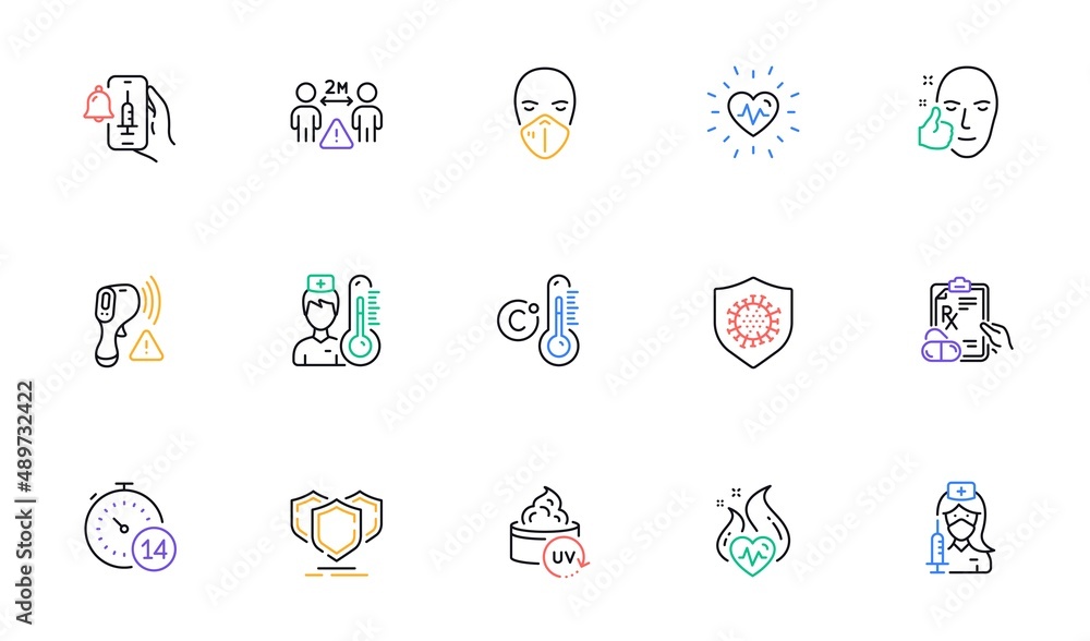 Vaccine announcement, Uv protection and Medical mask line icons for website, printing. Collection of Prescription drugs, Electronic thermometer, Shields icons. Vaccination. Vector Vaccine announcement, Uv protection and Medical mask line icons for website, printing. Collection of Prescription drugs, Electronic thermometer, Shields icons. Vaccination. Vector